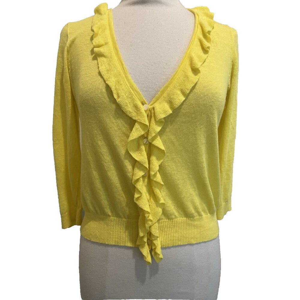 J.Crew Yellow Knit Linen Blouse Feminine Ruffle Cottagecore Coastal Style Size M
